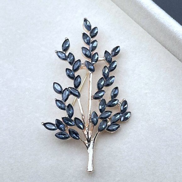 Rose Gold with Blue Sapphire Crystal Tree Branch with Leaves Pin Back Brooch - Picture 3 of 9